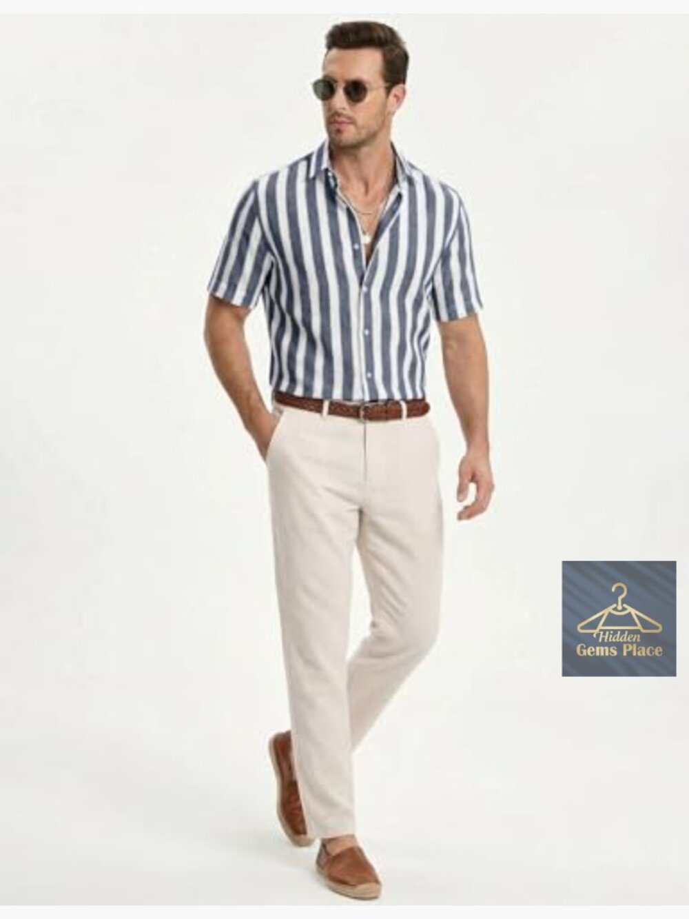 Cotton Button Down Dress Shirt Short Sleeve Casual Striped Beach shirt - Picture 6 of 7
